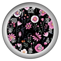 Flowers Pattern Wall Clock (silver) by Ravend