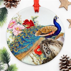 Birds Peacock Artistic Colorful Flower Painting Round Ornament (two Sides) by Sarkoni