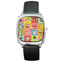 Owls Pattern Abstract Art Desenho Vector Cartoon Square Metal Watch by Bedest