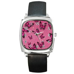 Pink Glitter Butterfly Square Metal Watch by Modalart