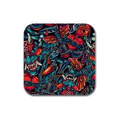 Vintage Tattoos Colorful Seamless Pattern Rubber Square Coaster (4 Pack) by Bedest