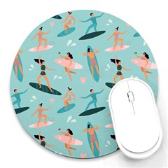 Beach Surfing Surfers With Surfboards Surfer Rides Wave Summer Outdoors Surfboards Seamless Pattern Round Mousepad by Bedest