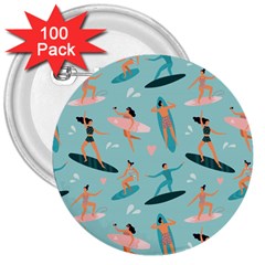 Beach Surfing Surfers With Surfboards Surfer Rides Wave Summer Outdoors Surfboards Seamless Pattern 3  Buttons (100 Pack)  by Bedest