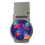 Cartoon Funny Aliens With Ufo Duck Starry Sky Set Money Clips (Round)  Front