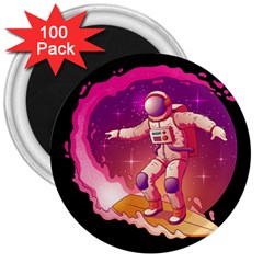 Astronaut Spacesuit Standing Surfboard Surfing Milky Way Stars 3  Magnets (100 Pack) by Ndabl3x