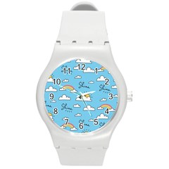 Seamless Pattern Vector Owl Cartoon With Bugs Round Plastic Sport Watch (m) by Apen