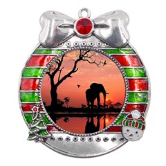 Elephant Landscape Tree Africa Sunset Safari Wild Metal X mas Ribbon With Red Crystal Round Ornament by Jatiart