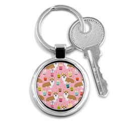 Corgi Bubble Boba Tea Pink Pattern Key Chain (round) by Cendanart