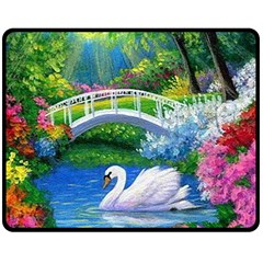 Swan Bird Spring Flowers Trees Lake Pond Landscape Original Aceo Painting Art Fleece Blanket (medium) by Ket1n9