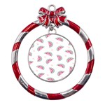 Fresh Watermelon Slices Texture Metal Red Ribbon Round Ornament Front