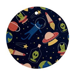 Seamless Pattern With Funny Alien Cat Galaxy Ornament (round) by Ndabl3x