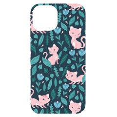 Cat Cute Flowers Leaves Pattern Iphone 14 Black Uv Print Case by Grandong