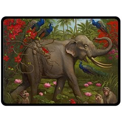 Jungle Of Happiness Painting Peacock Elephant Fleece Blanket (large) by Cemarart