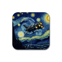 Spaceship Starry Night Van Gogh Painting Rubber Coaster (square) by Maspions