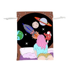 Girl Bed Space Planets Spaceship Rocket Astronaut Galaxy Universe Cosmos Woman Dream Imagination Bed Lightweight Drawstring Pouch (s) by Maspions