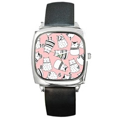 Cute Cats Cartoon Seamless-pattern Square Metal Watch by Apen