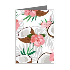 Seamless Pattern Coconut Piece Palm Leaves With Pink Hibiscus Mini Greeting Card by Apen