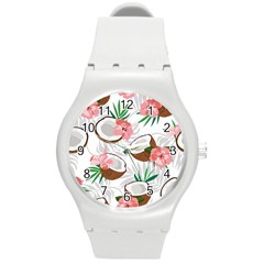 Seamless Pattern Coconut Piece Palm Leaves With Pink Hibiscus Round Plastic Sport Watch (m) by Apen