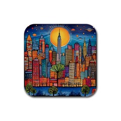 City New York Nyc Skyscraper Skyline Downtown Night Business Urban Travel Landmark Building Architec Rubber Square Coaster (4 Pack) by Posterlux