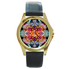 Pink Florales Muster Round Gold Metal Watch by 2607694c