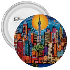 City New York Nyc Skyscraper Skyline Downtown Night Business Urban Travel Landmark Building Architec 3  Buttons by Posterlux