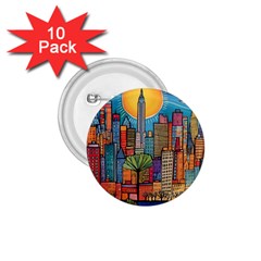 City New York Nyc Skyscraper Skyline Downtown Night Business Urban Travel Landmark Building Architec 1 75  Buttons (10 Pack) by Posterlux