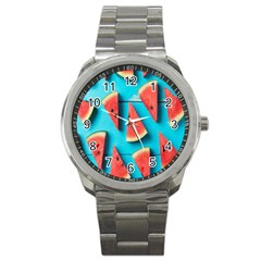 Watermelon Blue Background Sport Metal Watch by Azkajaya