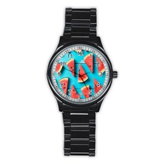 Watermelon Blue Background Stainless Steel Round Watch by Azkajaya