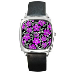 Flowers Nature Bloom Flora Bouquet Square Metal Watch by Loisa77