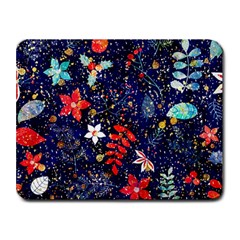 Festive Floral Pattern Christmas Blue Floral Flower Foliage Leaves Pattern Red Snow Winter Small Mousepad by Maspions