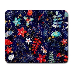 Festive Floral Pattern Christmas Blue Floral Flower Foliage Leaves Pattern Red Snow Winter Large Mousepad by Maspions