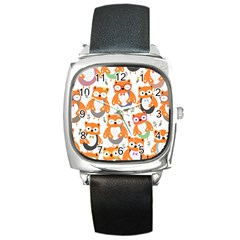 Cute Colorful Owl Cartoon Seamless Pattern Square Metal Watch by Apen