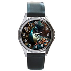 Colorful Peacock Bird Feathers Round Metal Watch by Apen