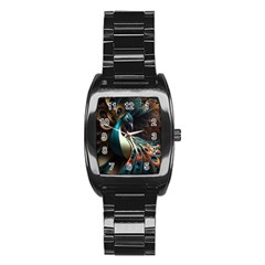 Colorful Peacock Bird Feathers Stainless Steel Barrel Watch by Apen