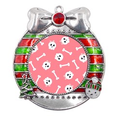 Halloween Pattern With Sculles And Bones 20240926 160927 0000 Metal X mas Ribbon With Red Crystal Round Ornament by Safari