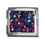 Festive Floral Pattern Christmas Blue Floral Flower Foliage Leaves Pattern Red Snow Winter Mega Link Italian Charm (18mm) Front