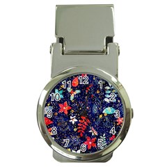 Festive Floral Pattern Christmas Blue Floral Flower Foliage Leaves Pattern Red Snow Winter Money Clip Watches by Maspions