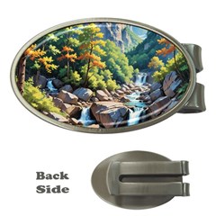 Serene Mountain Waterfall Landscape Money Clips (oval)  by ExtraAwesomeSauce