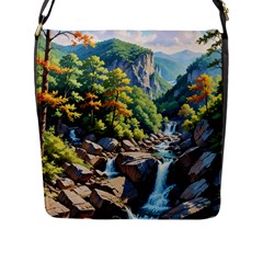 Serene Mountain Waterfall Landscape Flap Closure Messenger Bag (l) by ExtraAwesomeSauce