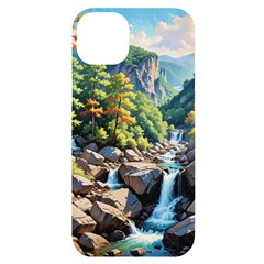 Serene Mountain Waterfall Landscape Iphone 14 Plus Black Uv Print Case by ExtraGoodSauce