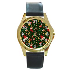 Texture, Pattern, Red, Craciun, Christmas, Hat, Santa, Green Round Gold Metal Watch by kyorashop23