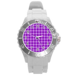 Purple Plaid Tartan 3 Round Plastic Sport Watch (l) by dressshop