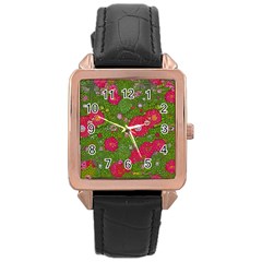 Mid Century Retro Floral 1970s 1960s Pattern 88 Rose Gold Leather Watch  by violetheavensky