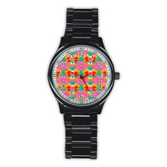 Retro 40s 50s Mexico Flowers Pattern Stainless Steel Round Watch by violetheavensky