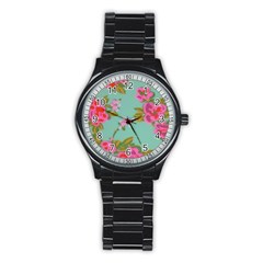 Mid Century Retro Floral 1970s 1960s Pattern 81 Stainless Steel Round Watch by violetheavensky