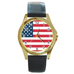 Flag Black Leather Gold Rim Watch (round) by tammystotesandtreasures